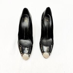Giuseppe Zanotti Black Patent Leather Heels Snakeskin Round Cap Toe Size 40
